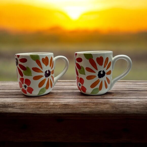 Set Of 2 Pier 1 "Flowers" Earthenware Mugs/Cups Handpainted‎ Summer Mod 12 oz - Picture 1 of 5